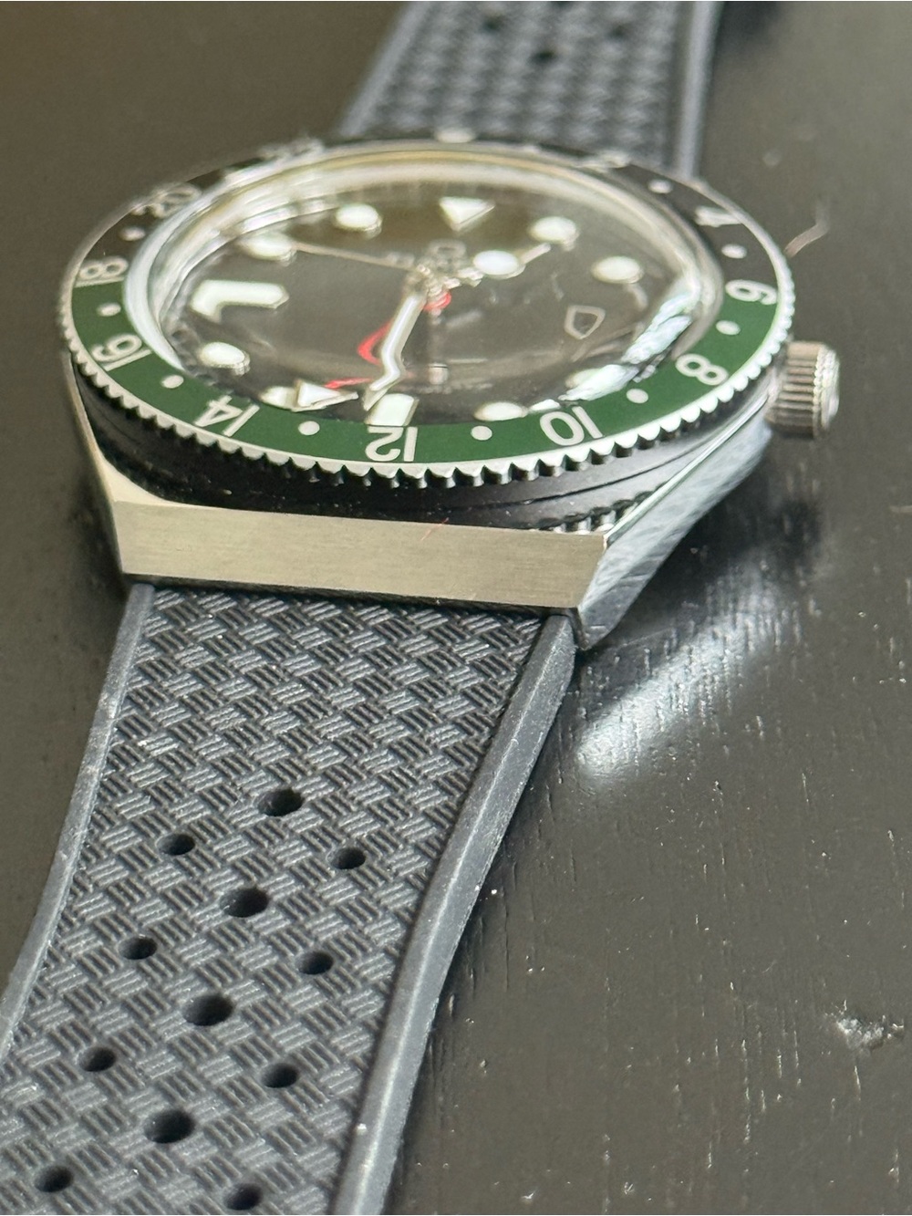Q Timex GMT Watch Black & Green Bezel Black Rubber Strap 38mm